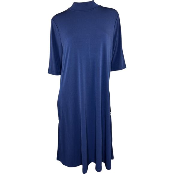 Susan Graver Liquid Knit Mock-Neck Elbow-Sleeve Dress Navy Large - Picture 4 of 16